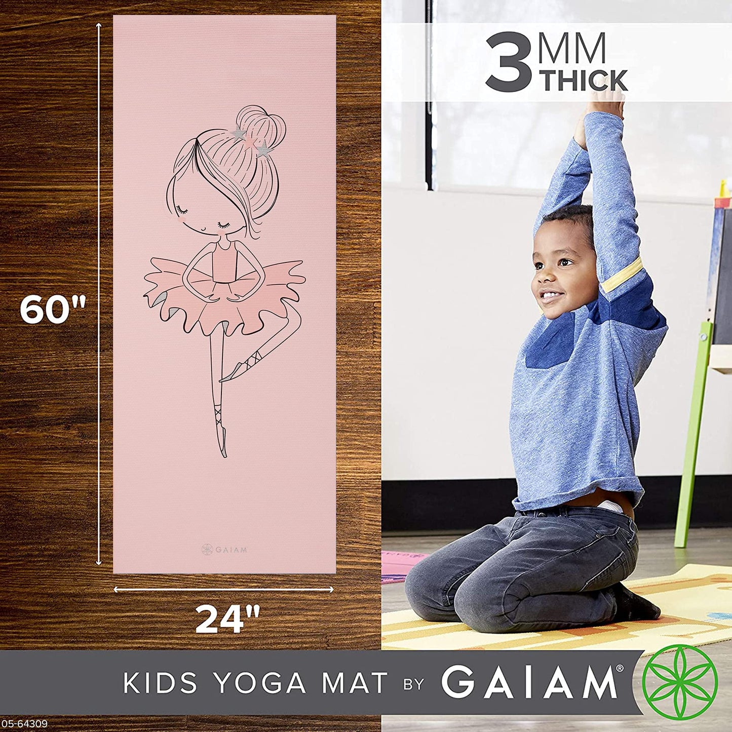Gaiam Kids Yoga Mat Exercise Mat, Yoga for Kids with Fun Prints - Ideal for Babies, Active & Calm Toddlers and Young Children (60" L x 24" W x 3mm Thick) - Ballerina