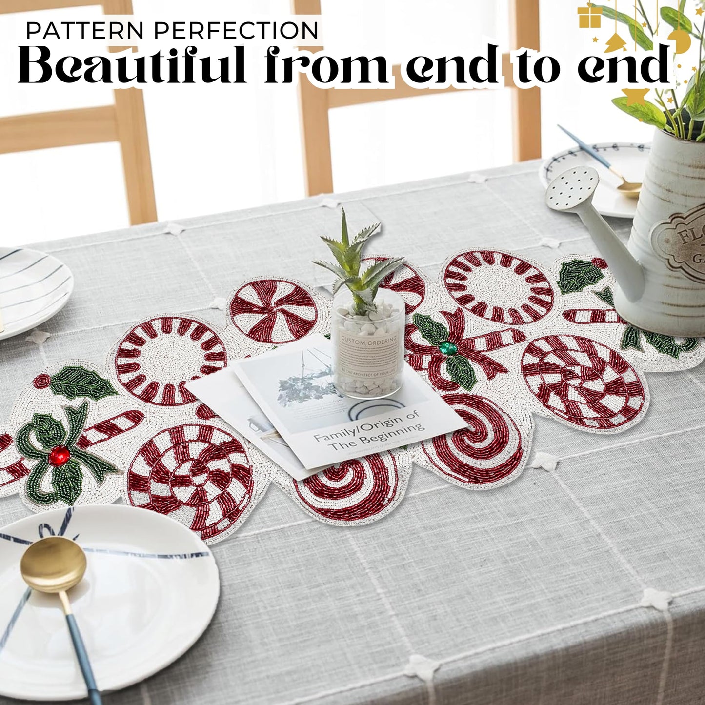Luxury Beaded Runner 36 inch- Premium 13x36 Inch Candy Beaded & Polyester Christmas Beaded Runner - Decor for Home, Dining Tables, Weddings & Holiday Celebrations (White Red Green) - ALPHA Living HOME