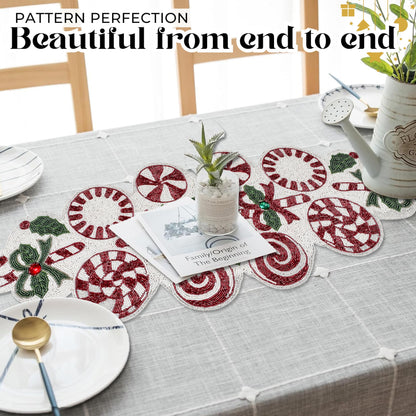 Luxury Beaded Runner 36 inch- Premium 13x36 Inch Candy Beaded & Polyester Christmas Beaded Runner - Decor for Home, Dining Tables, Weddings & Holiday Celebrations (White Red Green) - ALPHA Living HOME