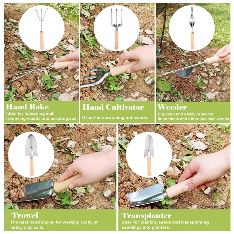 Heavy Duty Gardening Tools, 9 Pieces Garden Tool Set, Stainless Steel Rust Proof Non-Slip Garden Hand Tools with Fashion and Durable Storage Bag, Ideal Gardening Gifts for Women Men Mom