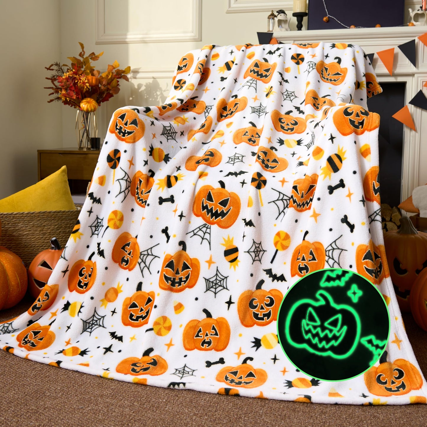 Joiedomi Halloween Blanket Soft Flannel Fleece Throw Blanket Glow in The Dark Halloween Pumpkin for Kids Bed Living Room Gifts 50"×60"