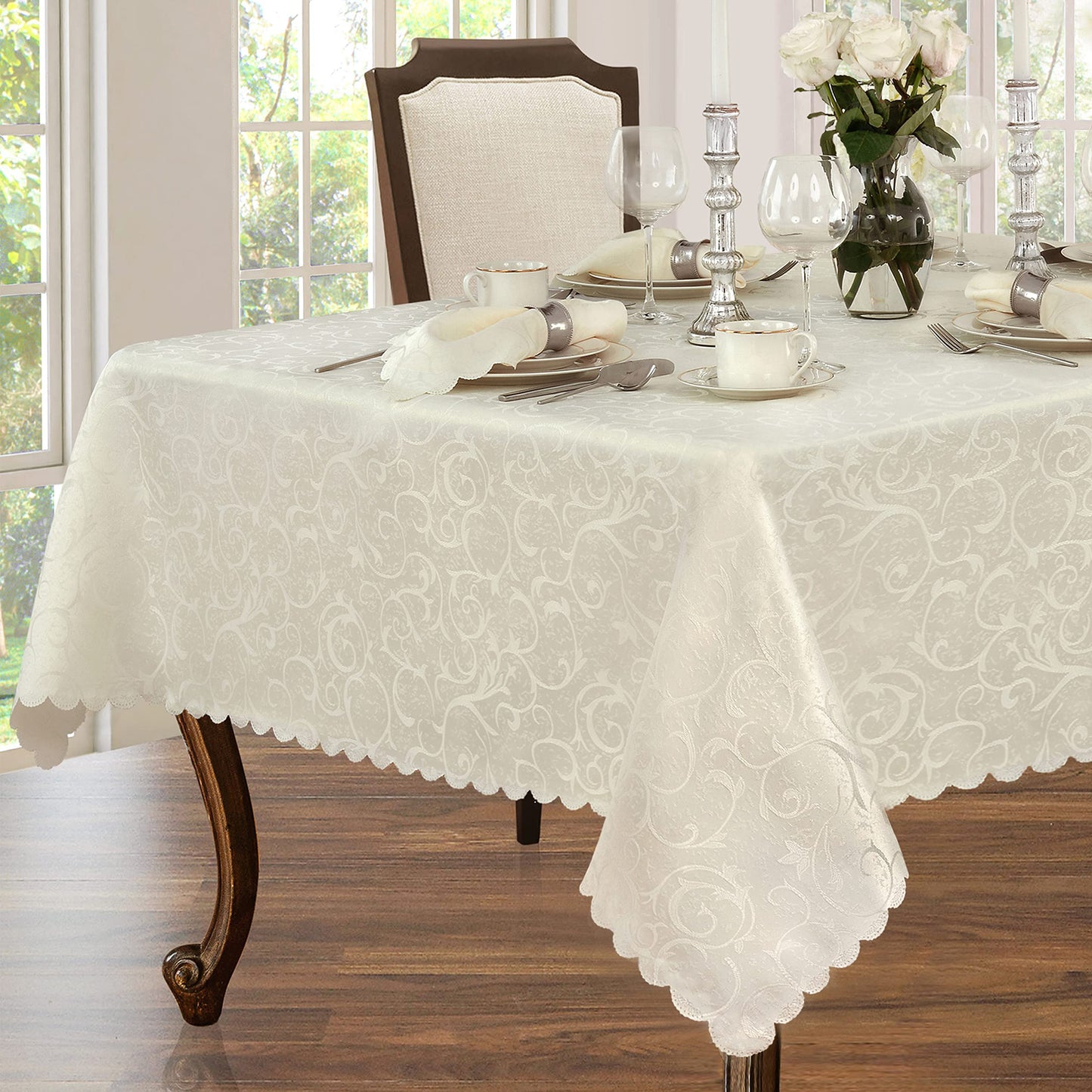 Newbridge Christmas Holiday Portofino Scalloped Damask Fabric Tablecloth, 60 x 144 Inch Rectangle, Ivory, Wrinkle and Stain Resistant Fine Dining Holiday Party Table Cover