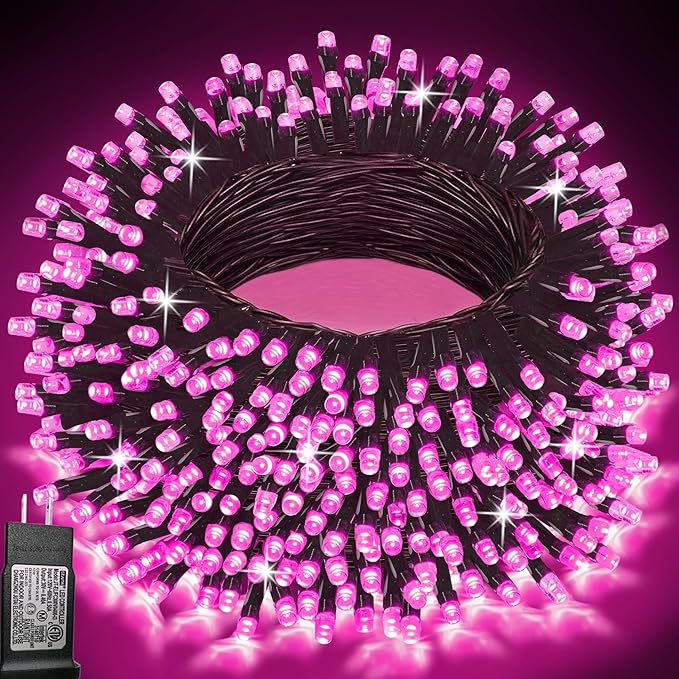 Pooqla Pink String Lights, 200 LED 66 ft Indoor and Outdoor Decorative LED Lights, 8 Modes Halloween Pink Fairy Light for Home Yard Patio Wedding Party Christmas Valentines Day Decoration