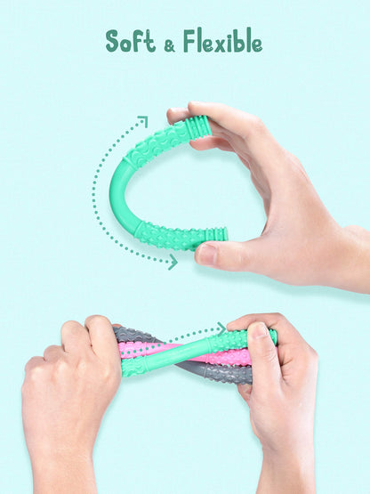 Giftty Teething Tube with Safety Shield Baby Hollow Teether Sensory Toys Gum Massager, Food-Grade Silicone for Infant 3-12 Months Boys Girls, 1 Pair with 4 Cleaning Brush Included (Emerald+Blue)