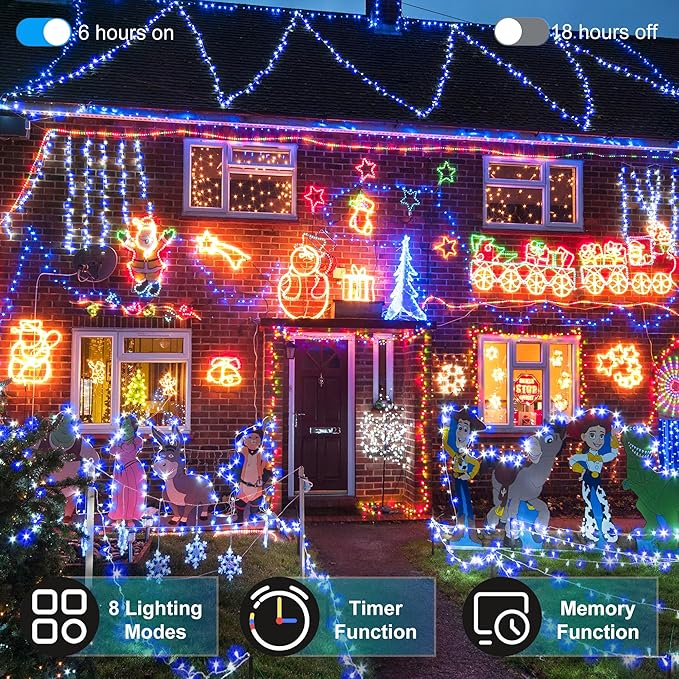 300LED Christmas Lights Indoor Outdoor Use Green Wire, 8 Lighting Modes 100FT Christmas Tree Lights with Timer & Memory, IP44 Waterproof for Tree Xmas Patio Yard Fence Balcony Garden Blue & Cool White