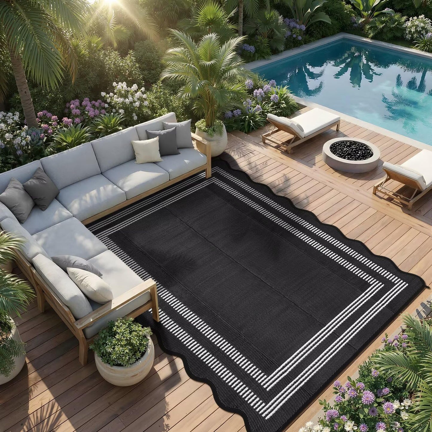 Garvee Waterproof Outdoor Rug 8x10, Scalloped Geometric Foldable Plastic Straw Patio Camping Rug, Outdoor RV Carpet for Deck Camper Porch Balcony Backyard Picnic Beach Black and White