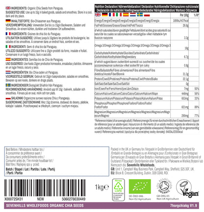 Sevenhills Wholefoods Organic Chia Seeds 1kg - Nutrient Dense - Pure & Natural - GMO-Free, allergen-Free