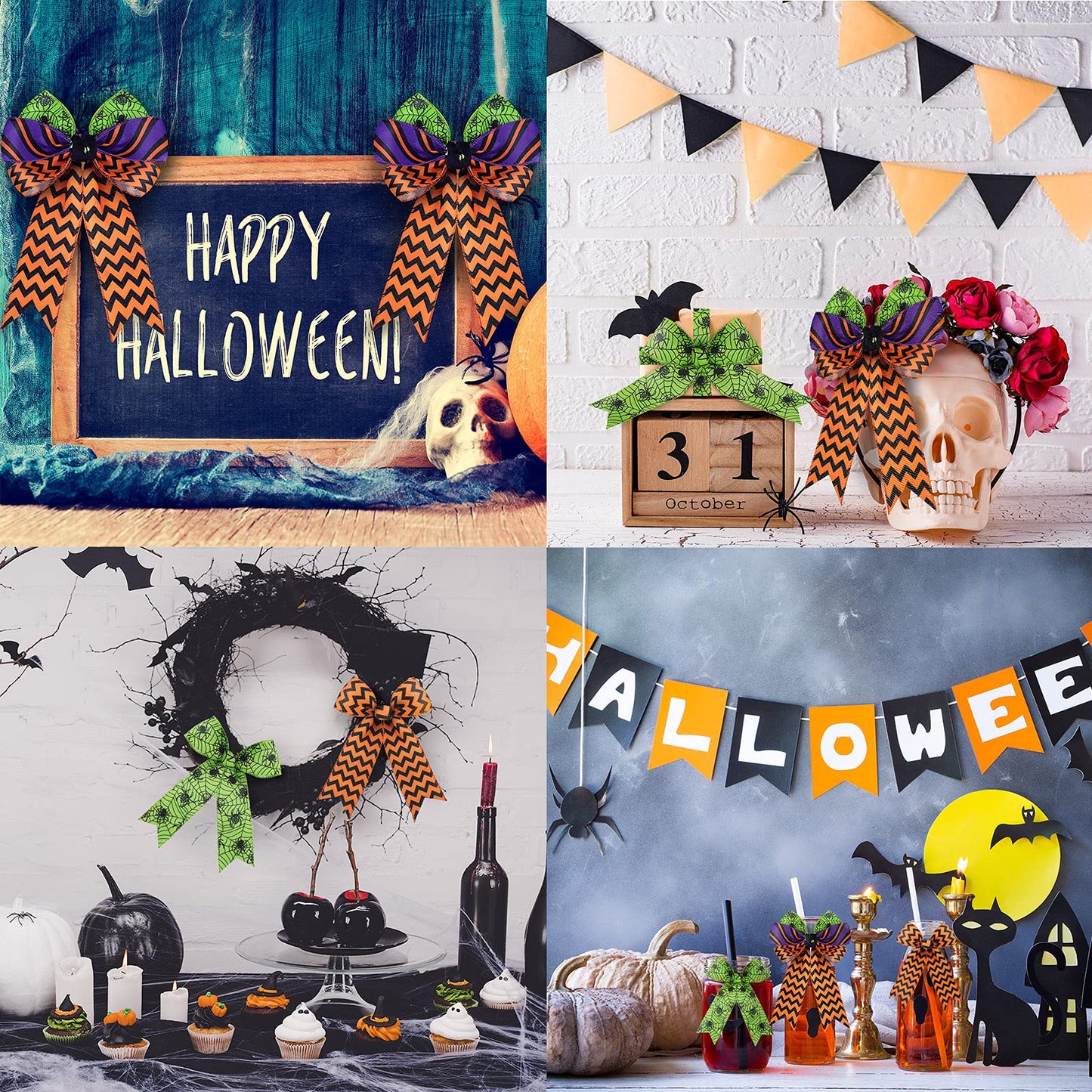 4 Rolls 20 Yards Halloween Wired Edge Ribbon Spider Web Printed Grosgrain Ribbons Halloween Theme Holiday DIY Craft Wrapping Ribbon for Home Party Decor