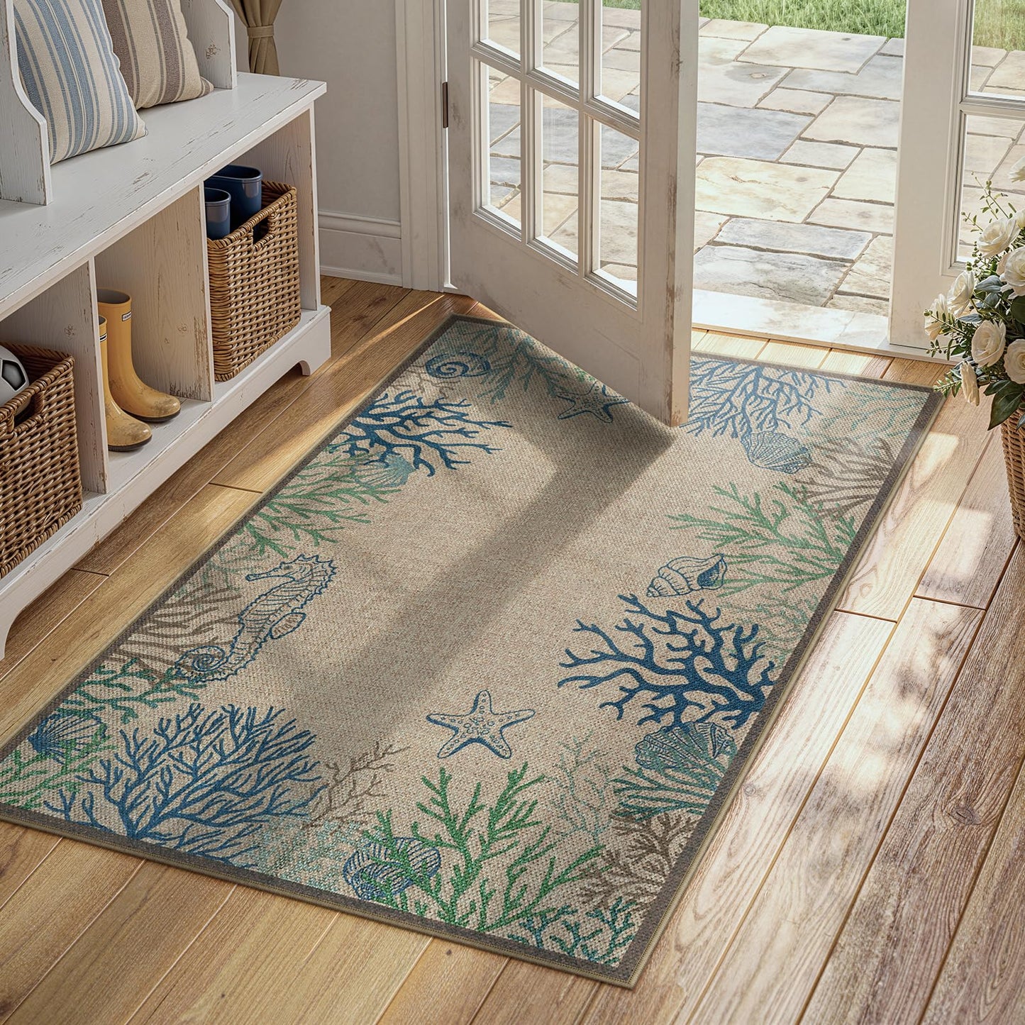 LIVEBOX Easy Jute 28''x43'' Front Porch Rug, Outdoor Non Slip Washable Kitchen Rug Modern Coastal Animal Area Rugs Floor Hello Welcome Door Mat Carpet for Entryway Porch Doorway(Blue 28''x43'')