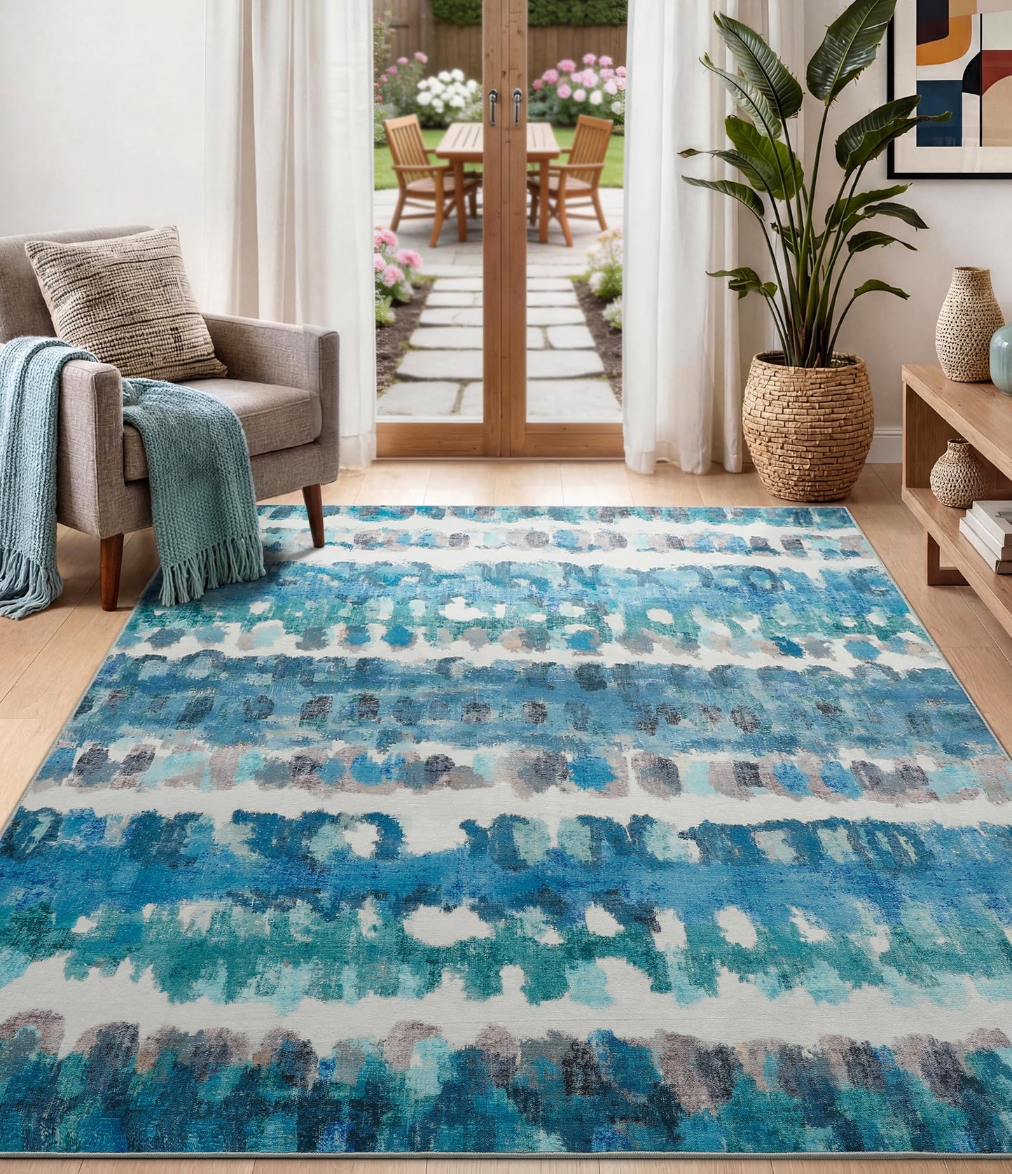 YIHOUSE Abstract Area Rug 5x7, Washable Blue Rugs for Living Room, Non-Slip Backing, Low-Pile Soft Modern Rug for Bedroom, Dining Room, Office, Nursery