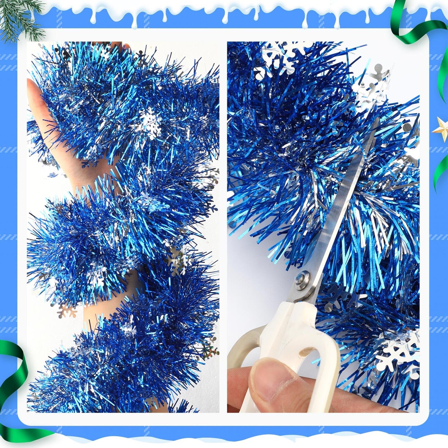 MARFOREVER Blue Snowflake Tinsel Garland Winter Wonderland Decorations, Winter Metallic Twist Garland for Winter Holidays New Year Weddings Party Home Wall Classroom Hanging Decor, 3 Pcs 19.7 FT