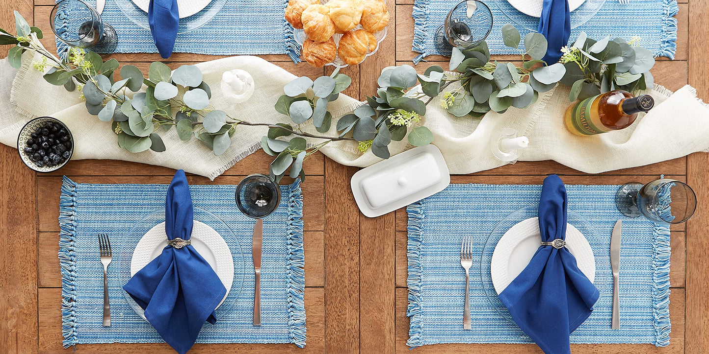 DII 100% Cotton, Tonal Fringe, Variegated, Machine Washable, Everyday Kitchen Basic Placemat, Set of 6, Light Blue