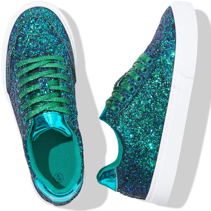Jeekopeg Glitter Sparkly Fashion Sneakers Shoes Shiny Casual Shoes Bling Sequin Concert Low Cut Lace up Shoes(Green Glitter,8 Women/6.5 Men)
