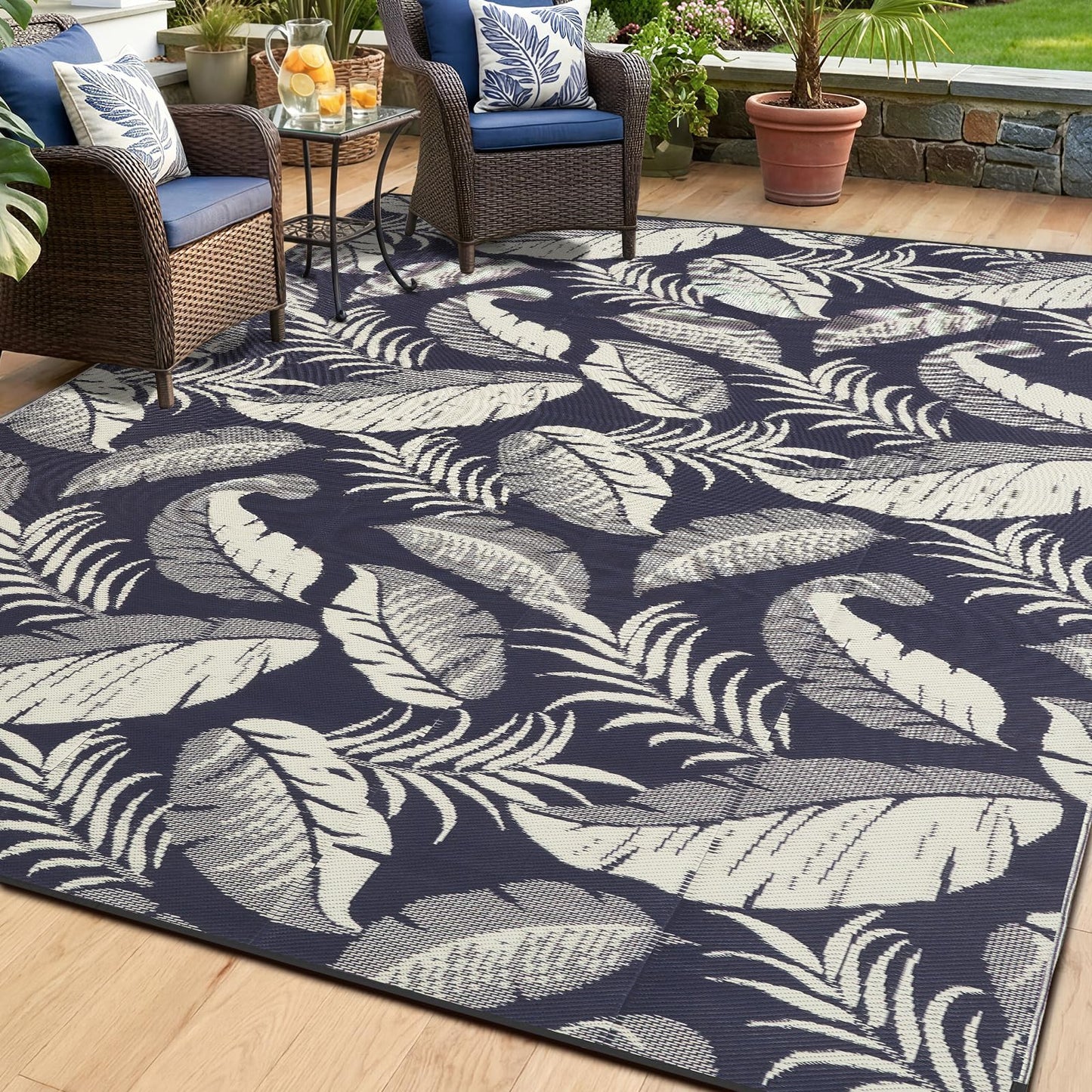 OPPODREAM Reversible Outdoor Rug 8x10, Waterproof Outdoor Plastic Straw Rug for Patio, Tropical Leaf RV Camping Rugs for Outside, Deck, Balcony, Porch, Backyard, Camping, Rv, Navy and Beige