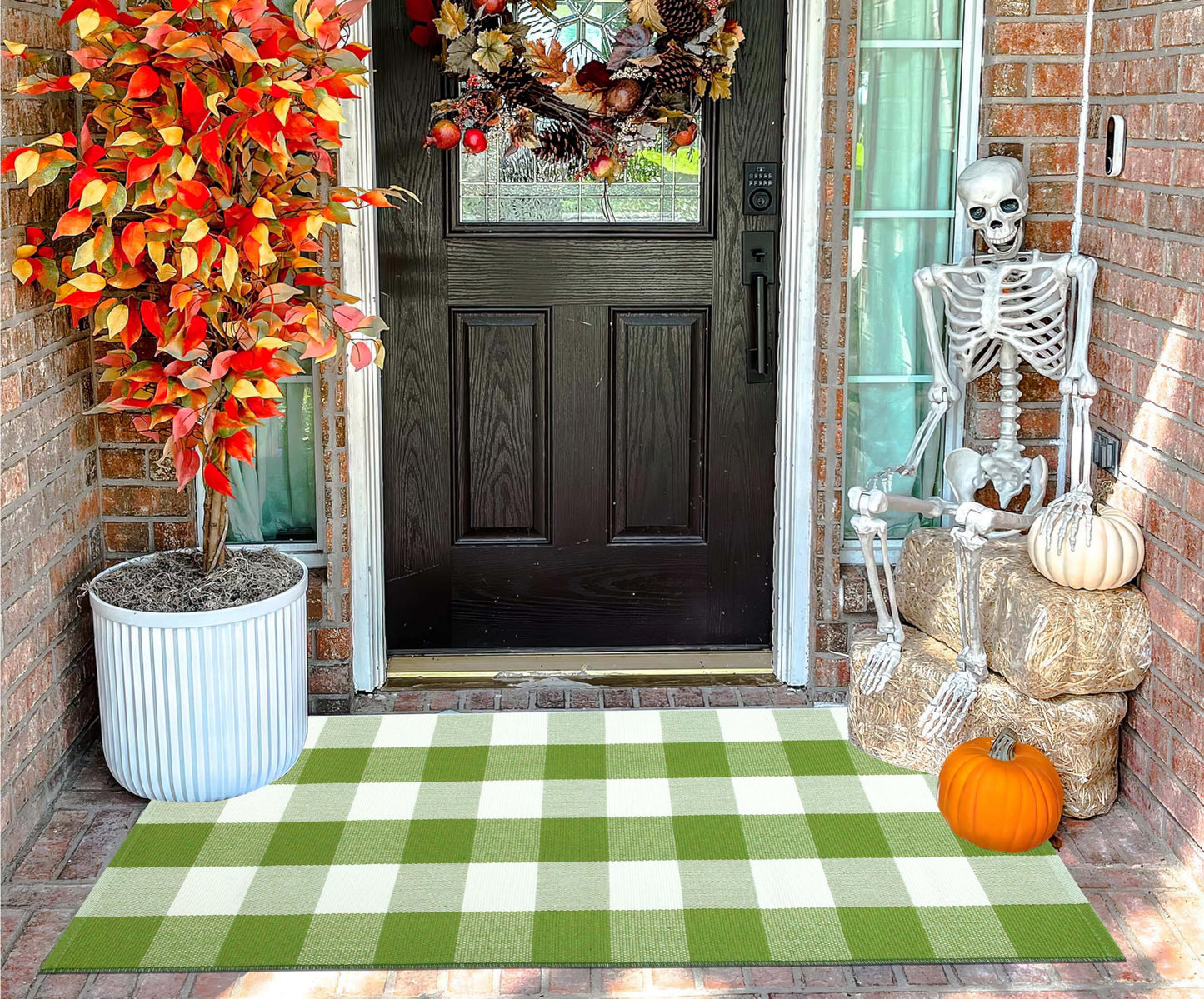 Green and White Buffalo Outdoor Rug 24''x51''Checkered Plaid Front Porch Rug Cotton Woven Machine Washable Door Mat Outdoor for Layered Doormat Hello Welcome Door Mat Kitchen Farmhouse Entryway