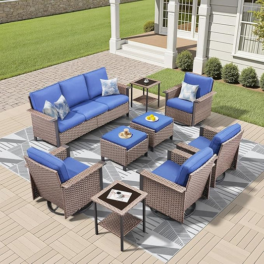 Outdoor Patio Furniture Set-9 Pieces All-Weather Wicker 3 Seater Sofa with Swivel Rocker Patio Chairs Set of 4, Wicker Outdoor Conversation Sets for Porch Deck Backyard Garden Brown/Blue