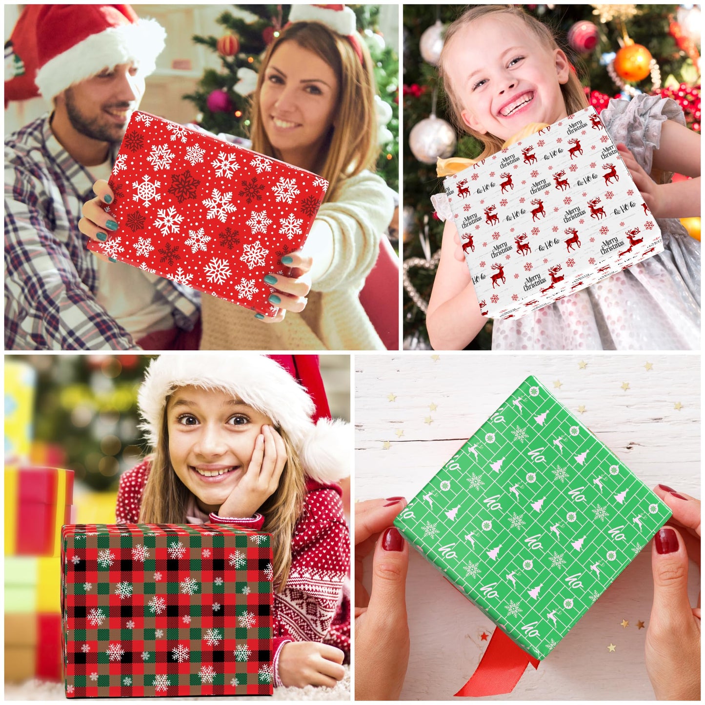 MotiGiftie Christmas Wrapping Paper for Kids Adults - Xmas Wrapping Paper with Red/Green Plaid, Reindeer, Snowflakes, “Ho Ho” Xmas Trees - 20 x 28 Inches, 8 Folded Sheets, Easy to Store