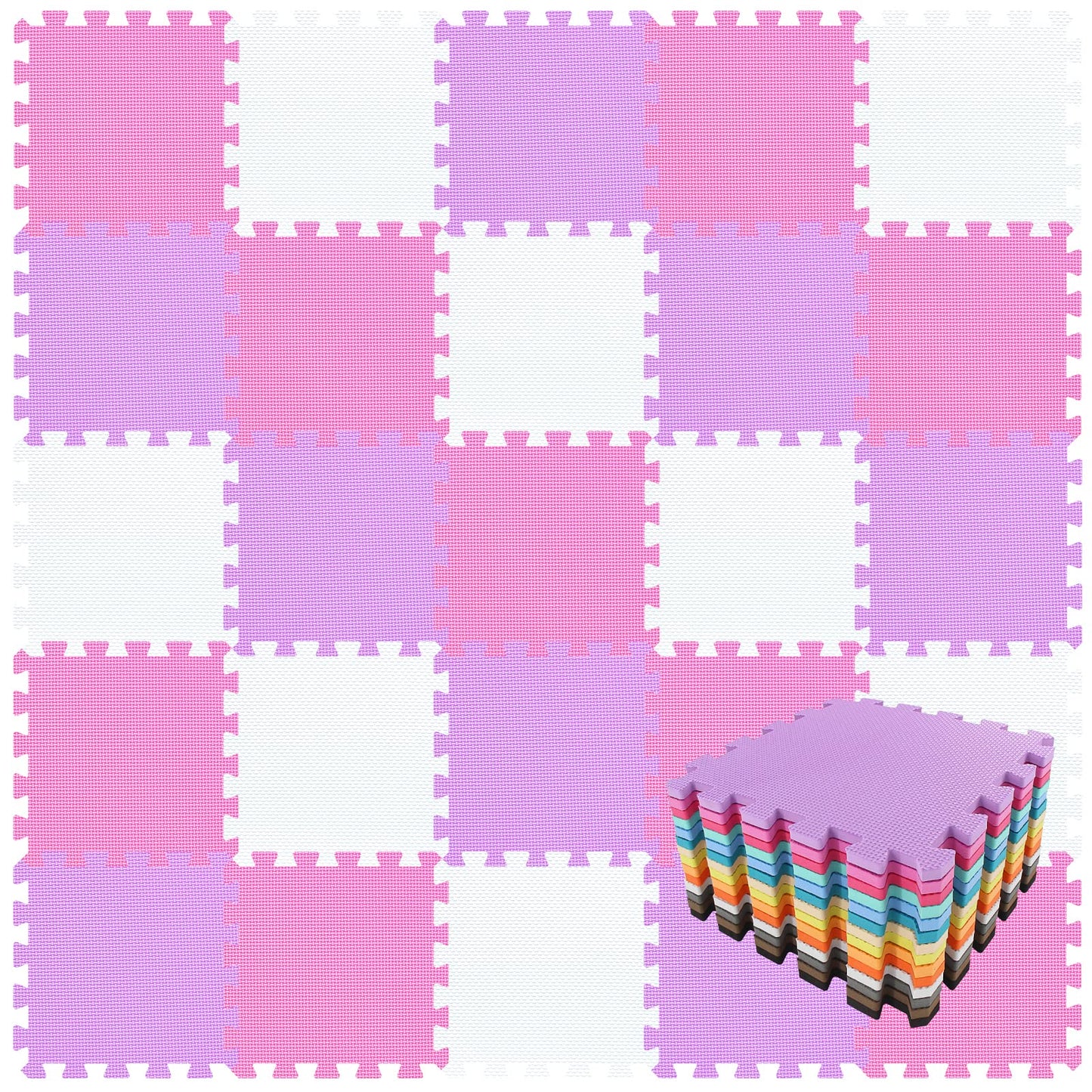 qqpp EVA Rubber 18 Tiles Interlocking Puzzle Foam Floor Mats - Baby Play Mat for Playing | Exercise Mat for Home Workout. White, Pink, Purple. QC-ACKb18N