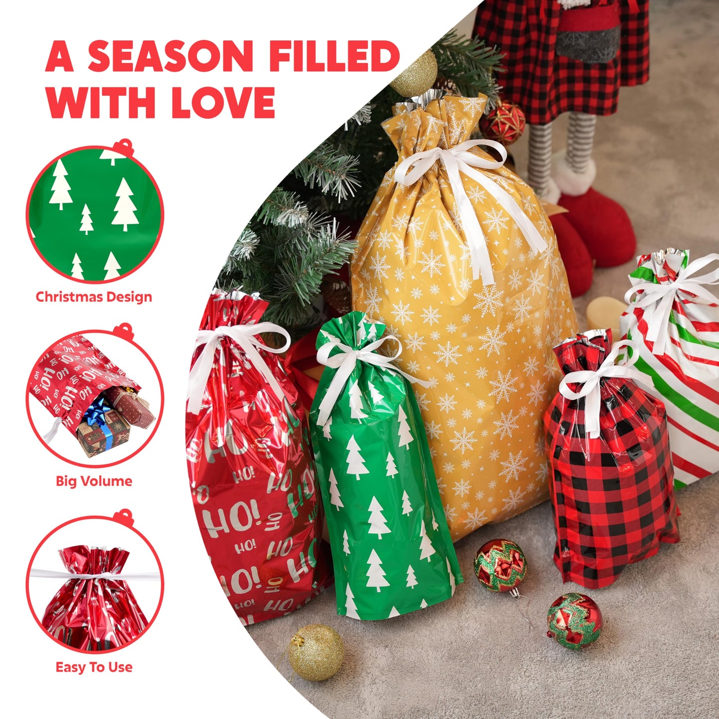 JOYIN 36 PCS Christmas Drawstrings Gift Bags Assorted Sizes(Large Medium Small), Xmas Reusable Plastic Bag for Presents Wrapping, Holiday Party Favors
