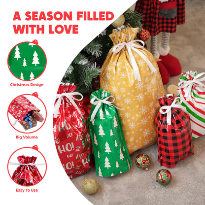 JOYIN 36 PCS Christmas Drawstrings Gift Bags Assorted Sizes(Large Medium Small), Xmas Reusable Plastic Bag for Presents Wrapping, Holiday Party Favors