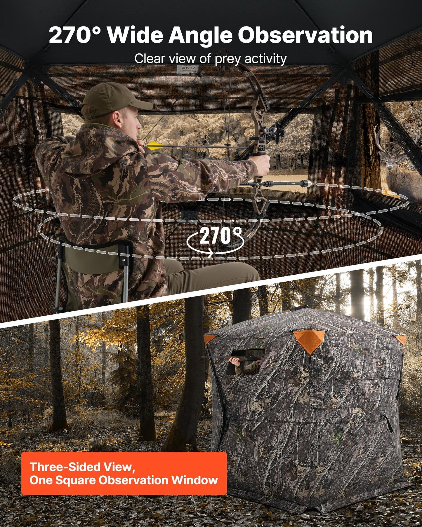 VEVOR Hunting Blind, 270° See Through Ground Blind, 1-2 Person Pop Up Deer Blind for Hunting with Carrying Bag, Portable Resilient Hunting Tent, One-Way See-Through Mesh for Turkey and Deer Hunting