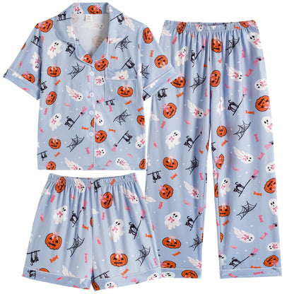 Vopmocld Girls Pajama Sets 3pcs Button Down Short Sleeve Long Pants With Shorts Sleepwear Cute Patterns Nighty For Teens Cute Lounge Sets, Bowknot Ghost, 16