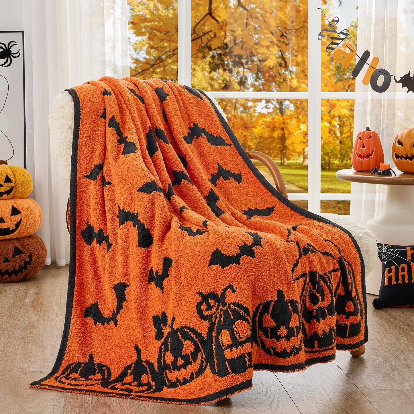Snuggle Sac Halloween Throw Blanket Orange Pumpkin Bat Blanket,Reversible Rip Lightweight Soft Blanket for Decorating Couch Sofa Bed, Spooky Gift for Women Men Kids,50×60 inches