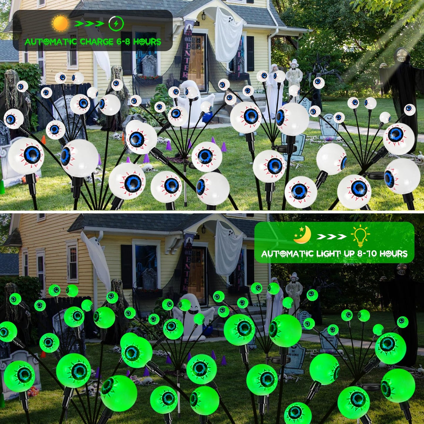 6 Pack Solar Eyeball Lights for Halloween Decorations Outdoor, 36 LED Green Eyeball Solar Halloween Lights, Waterproof Swaying Firefly Lights with 2 Modes for Pathway Patio Yard Lawn Garden Decor