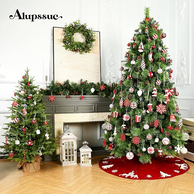 Alupssuc 112pcs Christmas Balls Ornaments Set, Shatterproof Plastic Baubles Christmas Penguin, Polar Bear for Xmas Tree Holiday Wedding Party Decorations with Hanging Strings, Red, Silver and White
