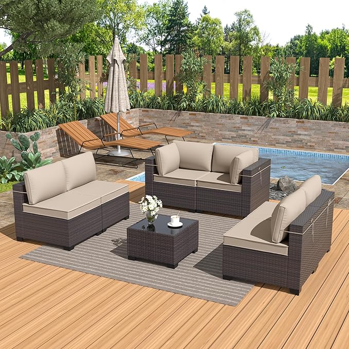 Kurapika 7 Pieces Patio Furniture Set, Rattan Wicker Outdoor Conversation Sets w/4 Inch Cushion and Glass Coffee Table(Sand)
