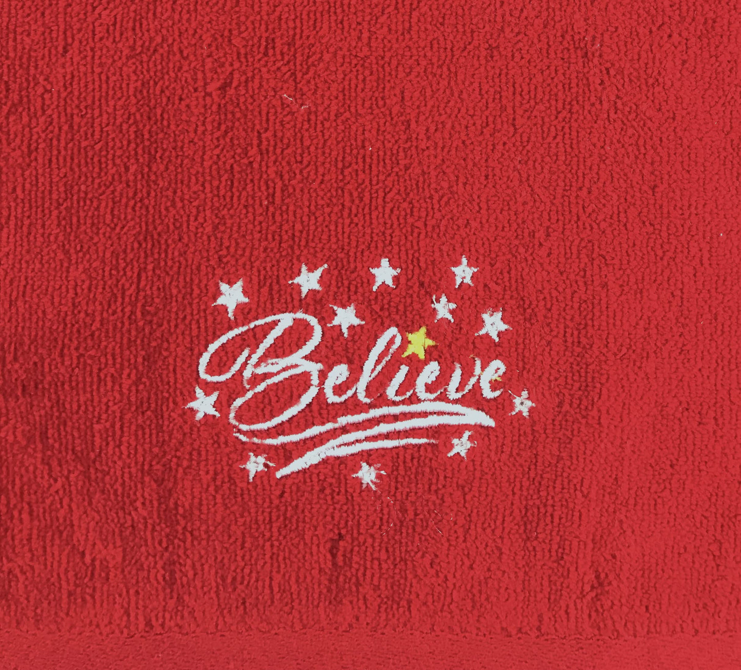 Decorative Christmas Theme Red Towel Set: Luxury Bathroom Fingertip Towels, Embroidered Believe Set of 2