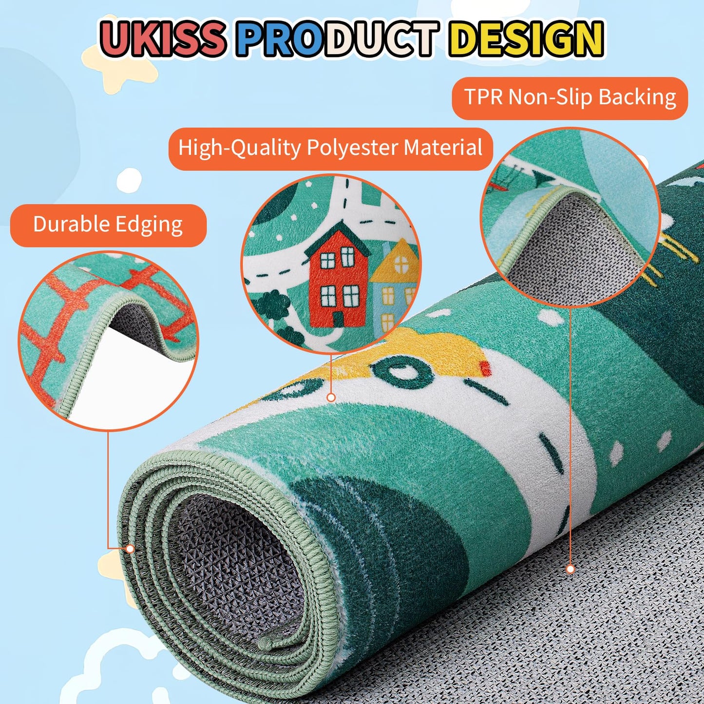 UKISS Educational Play Rug，55"x55" Traffic Road Kids Car Mat,Non-Slip Washable City Kids Play Mat,Area Rug Kid Carpet for Playroom Living Room Nursery Room Decor,Green