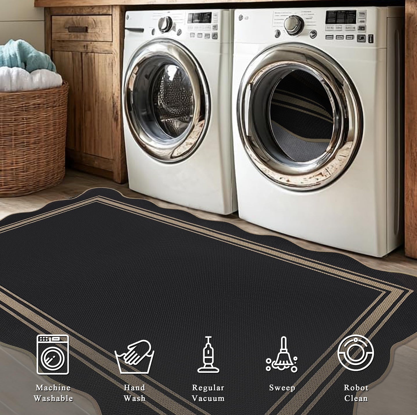 5x7 Scalloped Rug Easy Jute Washable Outdoor Patio Rug for Living Room Indoor Outdoor Black Geometric Neutral Carpet for Backyard Patio Dining Room
