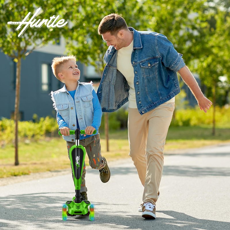 Hurtle 3 Wheeled Scooter for Kids - 2-in-1 Sit/Stand Child Toddlers Toy Kick Scooters w/ Flip-out Seat, Adjustable Height, Wide Deck, Flashing Wheel Lights, For Boys/Girls 1 Year Old+ (Green)