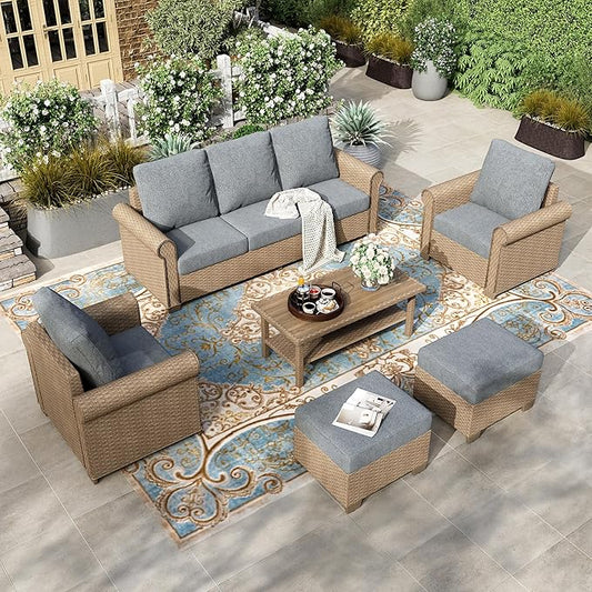 HERA'S HOUSE 6-Piece Patio Furniture Set, All Weather 7 Seats Outdoor Wicker Sofa with Ottomans, Rattan Patio Conversation Set with 5.5" Thick Cushions and 44" Coffee Table, Grey