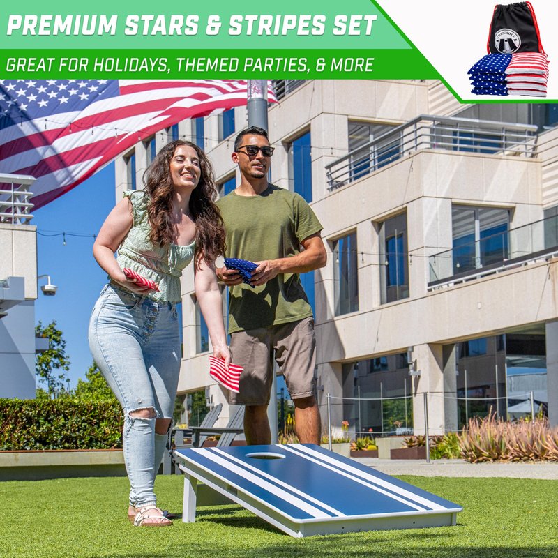 GoSports Official Regulation Cornhole Bean Bags Set (8 All Weather Bags) - America Stars and Stripes or Red and Blue - Choose Your Style