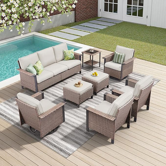 Outdoor Patio Furniture Set Swivel Chairs-8 Pieces All-Weather Wicker 3 Seater Sofa with 2 Ottomans Rattan Side Table, Wicker Sofa Outdoor Furniture for Porch Deck Backyard Brown/Beige