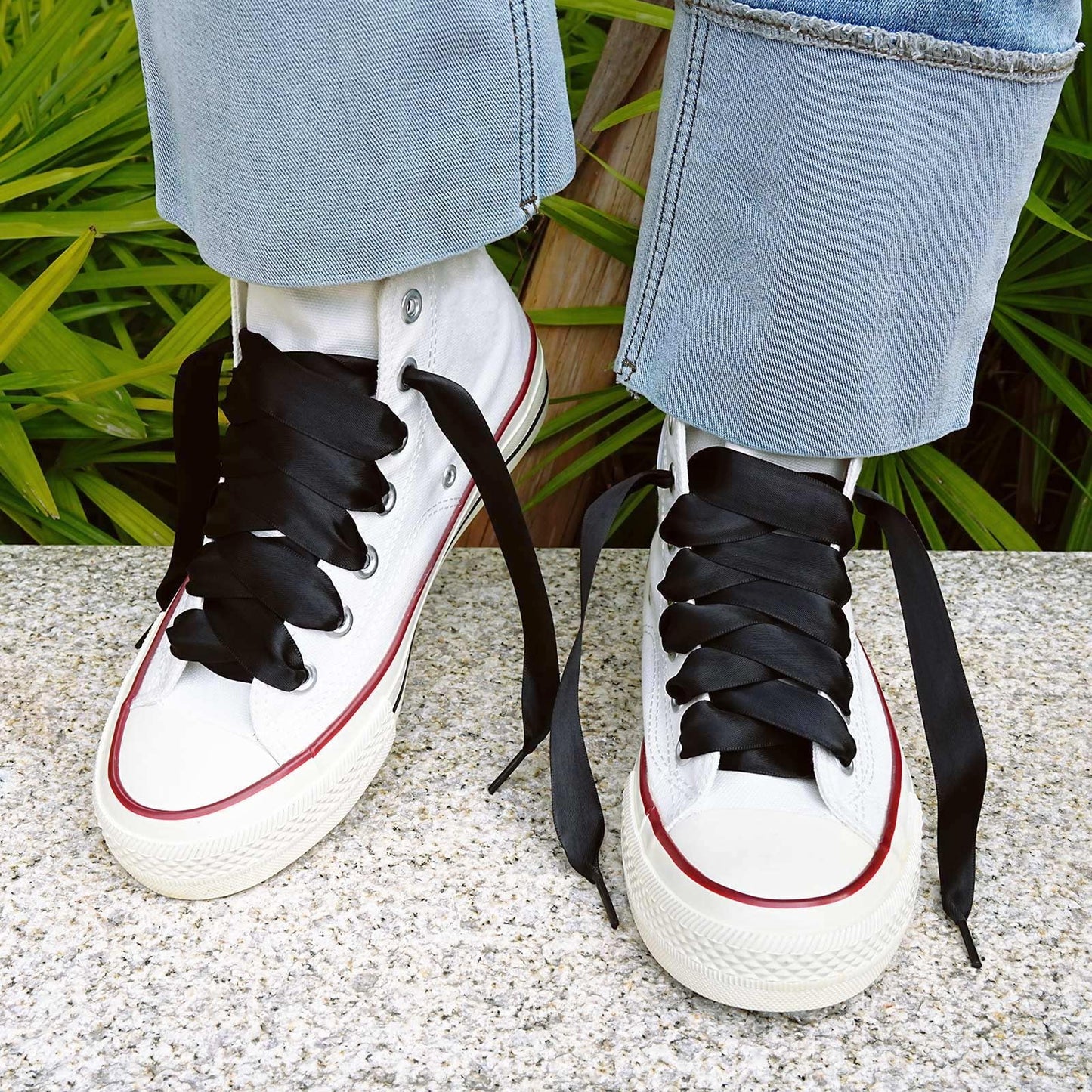 Booyckiy Flat Colorful Satin Ribbon Shoelaces 3/4" Wide Shoe Laces for Women Girls, Black 47inch (120) cm