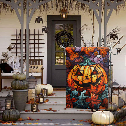 Spooky Pumpkin House Flag Scary Halloween Flags for Outside 28x40 Double Sided Large Stained Glass Fall Garden Flags Autumn Yard Flag for Outdoor Porch Lawn Farmhouse Thanksgiving Decor