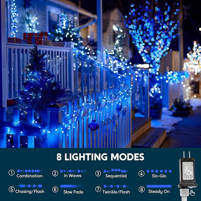JOYIN 66FT Connectable Christmas String Lights Clear Wire, 8 Modes 200 LED Twinkle Fairy Lights for Indoor Outdoor, Christmas Tree, Classroom, Bedroom, Yard, Patio, Party Decor (Blue)