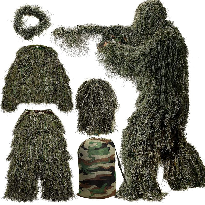 MOPHOTO 5 in 1 Ghillie Suit 3D Camouflage Hunting Suits - Jacket, Pants, Hood, Carry Bag for Youth & Adults M/L/XL/XXL