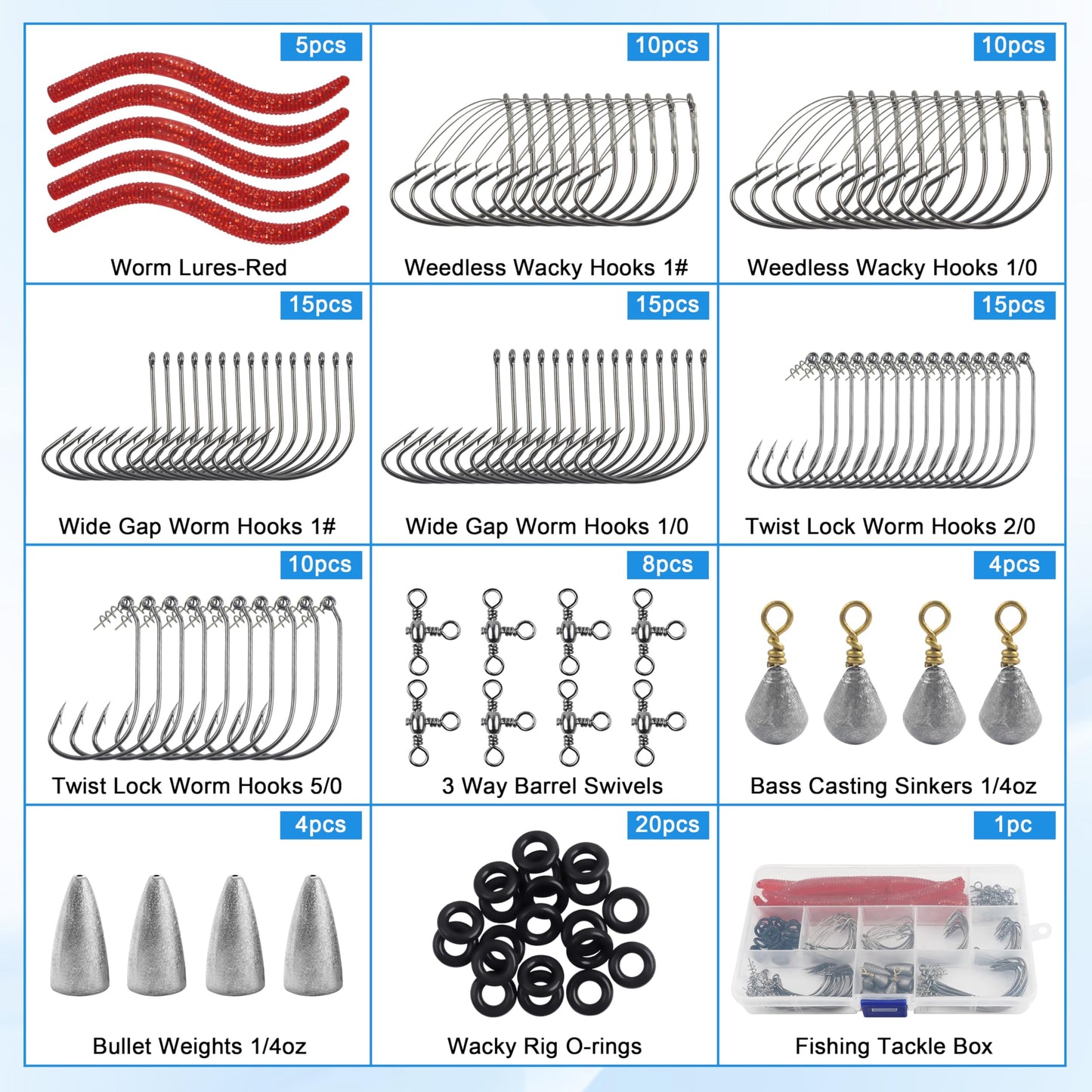 Wacky Rig Bass Fishing Hooks Kit, 116pcs Worms O Rings Weedless Wacky Rig Hooks Fishing Weights Swivels Tackle Box Kit for Bass Artificial Soft Stick Baits