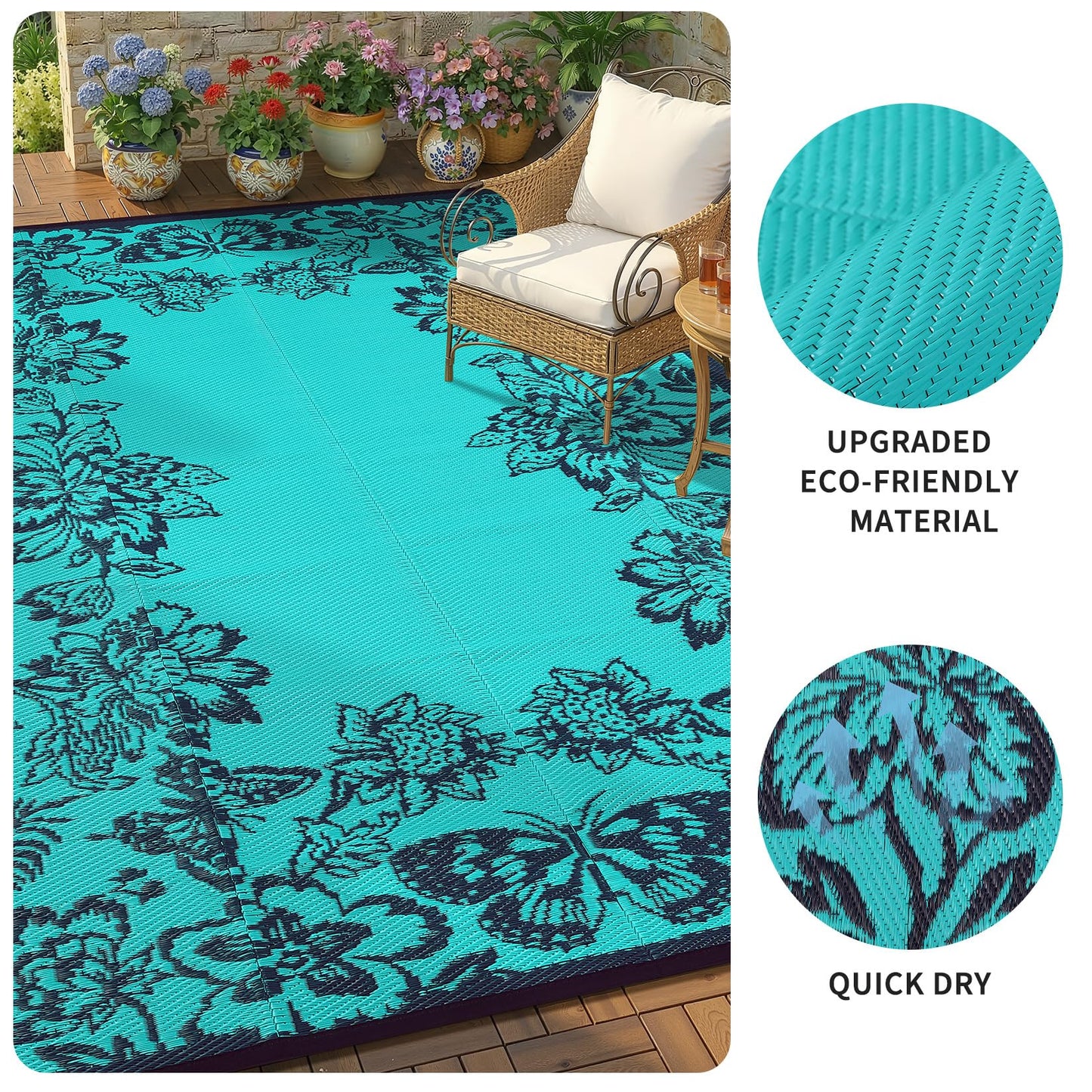 GarveeHome Outdoor Rug 9x12 Patio Waterproof, Reversible Plastic Straw Rugs for Camping, Picnic, Balcony, Porch, RV, Easy-Clean & Quick Dry Floral Pattern Large Indoor Outdoor Carpet, Teal