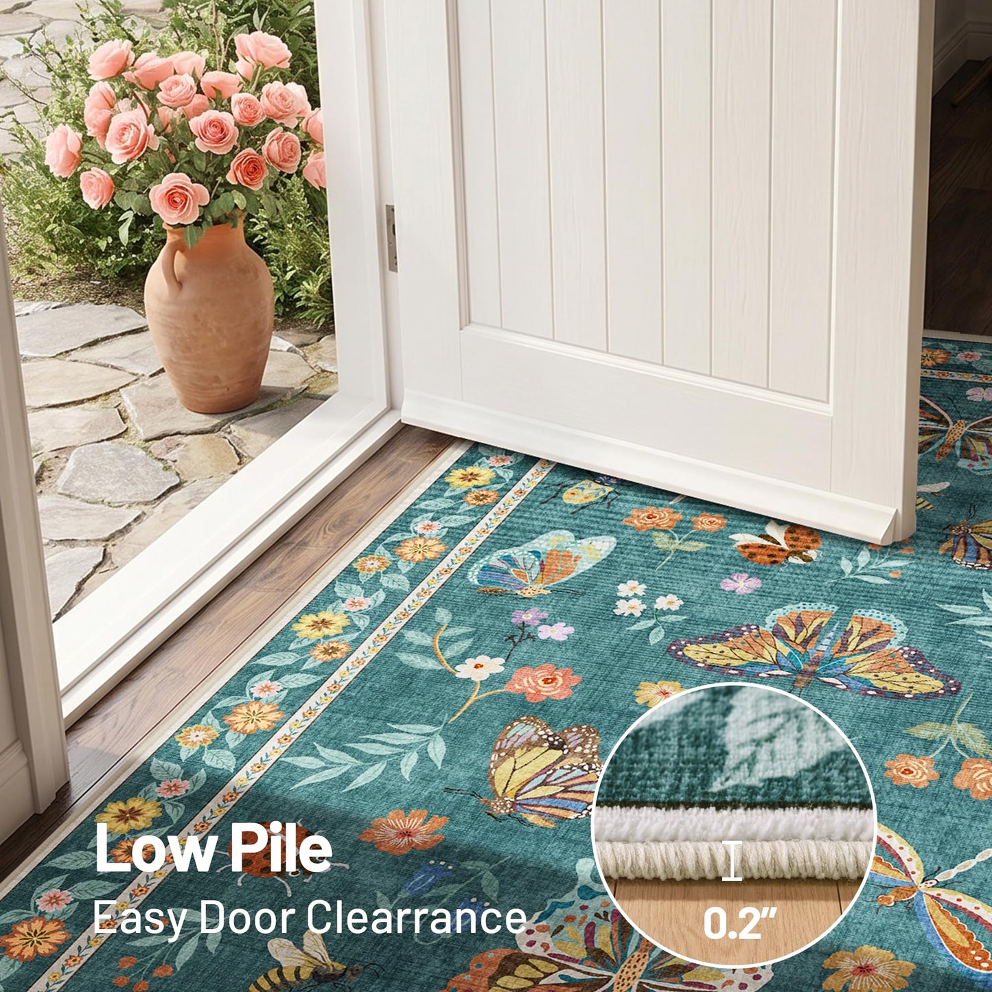 AIMPEAK Insect Washable Rugs 8x10 Teal, Soft Butterfly 8x10 Area Rugs for Living Room Indoor, Non Slip Bug Bedroom Rug Under Bed Thin Large Carpet with Flowers for Dining Room Office Playroom