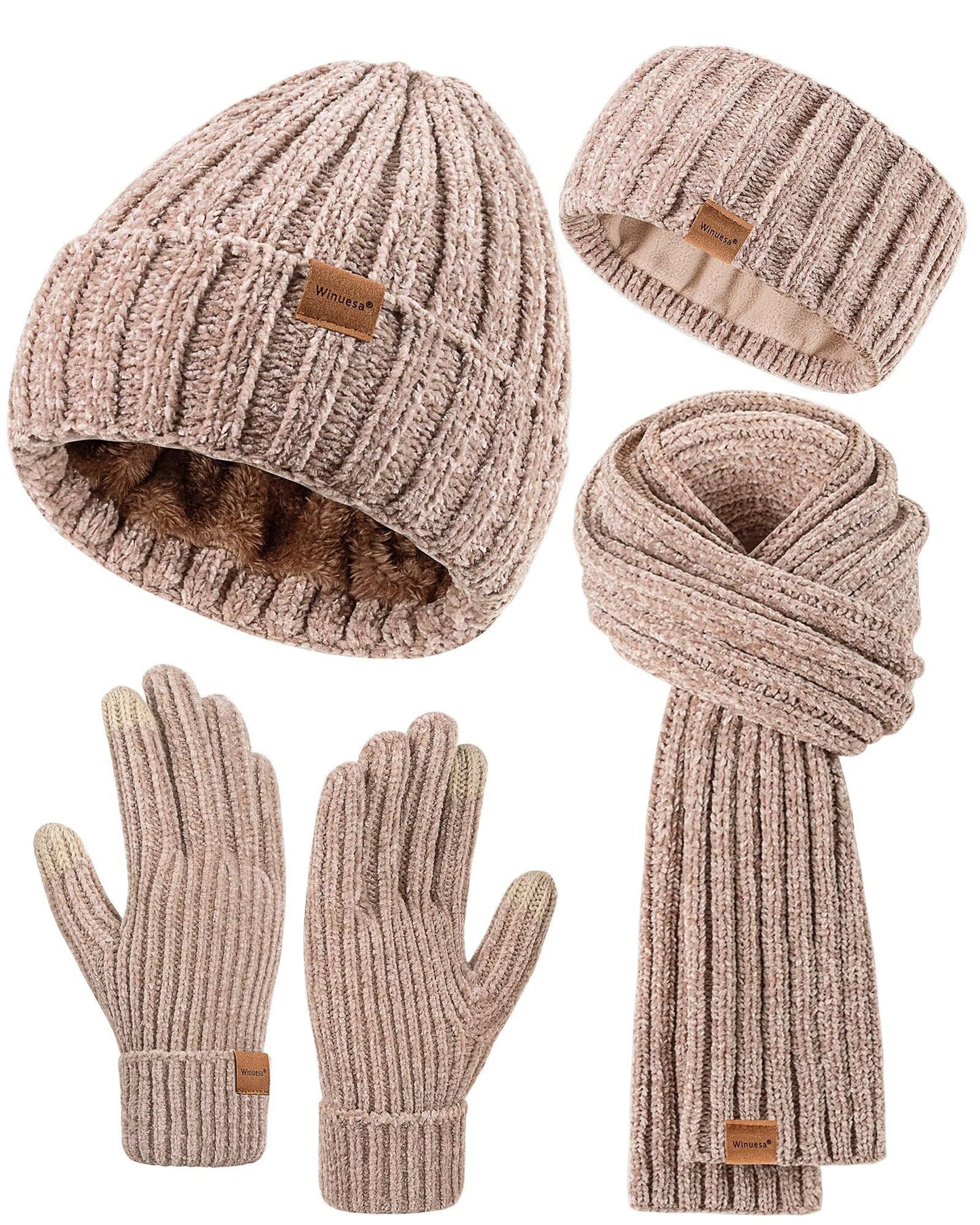 Women Beanie Scarf Gloves Headband Set for Winter, Chenille Beanie Hats Ear Warmer with Fleece Lined Knit Scarf Touchscreen Gloves, 4 in 1 Warm Xmas Gift Set Stocking Stuffers for Women-Beige