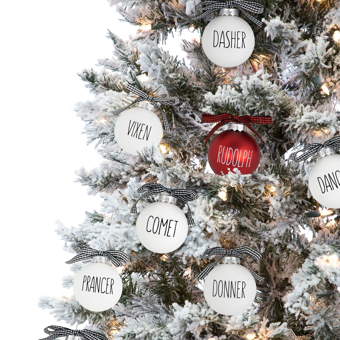 Buffalo Plaid Christmas Tree Ornaments - Set of 9 Shatterproof Bulbs - Farmhouse Reindeer Ornaments with Buffalo Check Bow - Compatible with Rae Dunn Rustic Decorations - Matte White & Red for Rudolph