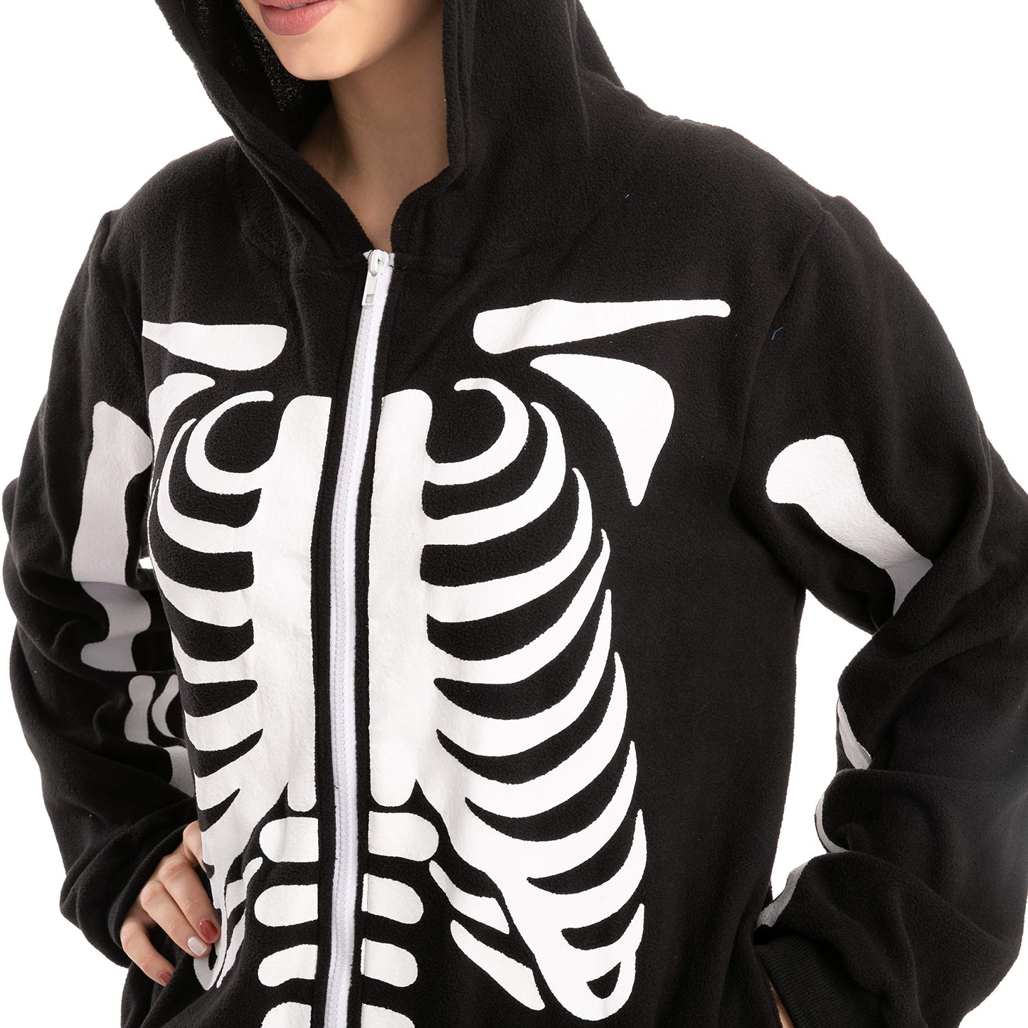 Spooktacular Creations Halloween Skeleton Pajama, Adult Skeleton Costume, Unisex Adult Jumpsuit Plush Hoodie, One-piece Zipper Pajama for Men Women Halloween Dress-up Cosplay Costume Themed Parties