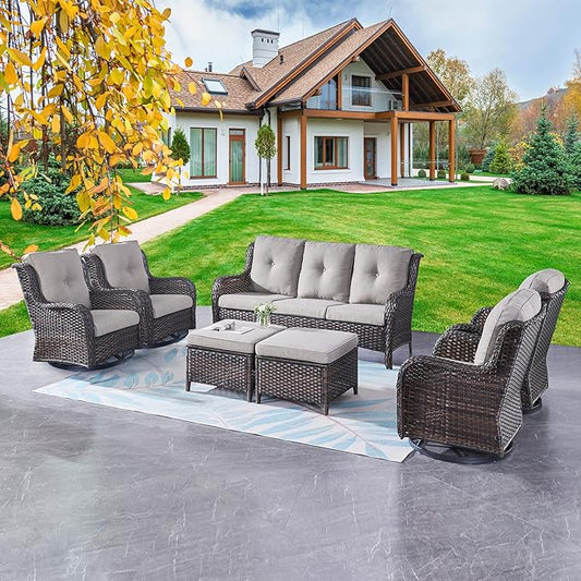 Rilyson Wicker Patio Furniture Set - 7 PC Rattan Outdoor Sectional Conversation Sets with 4 Swivel Rocking Chairs,2 Ottomans and 1 Sofa for Porch Deck Garden(Brown/Grey)