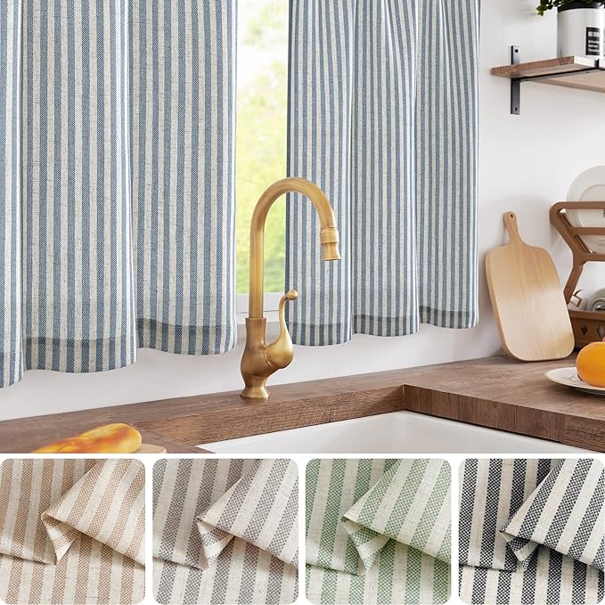 jinchan Striped Linen Kitchen Curtains 30 Inches Length Tier Curtains Farmhouse Modern Cafe Style Small Window Treatments Airy Light Filtering Rod Pocket for Living Room Bathroom 2 Panels Blue