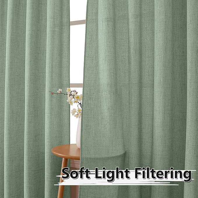 Tollpiz Short Linen Curtain Bedroom Rod Pocket Semi Sheer Curtains Burlap Light Filtering Thick Linen Drape for Living Room, 38 x 54 inches Long, Sage Green, Set of 2 Panels